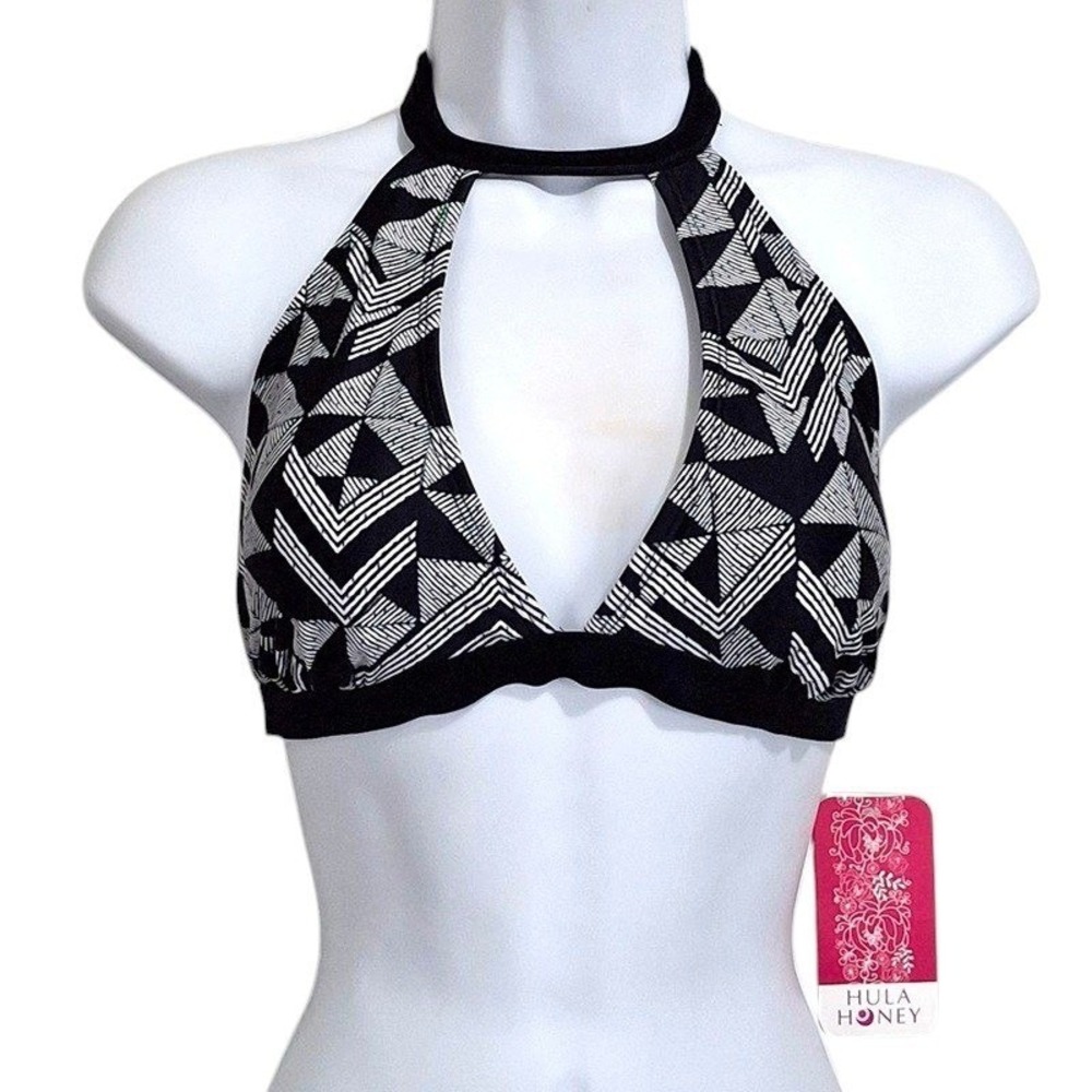 Hula‎ Honey Bikini Top Large Black White Geometric Keyhole Halter Swim Tribal